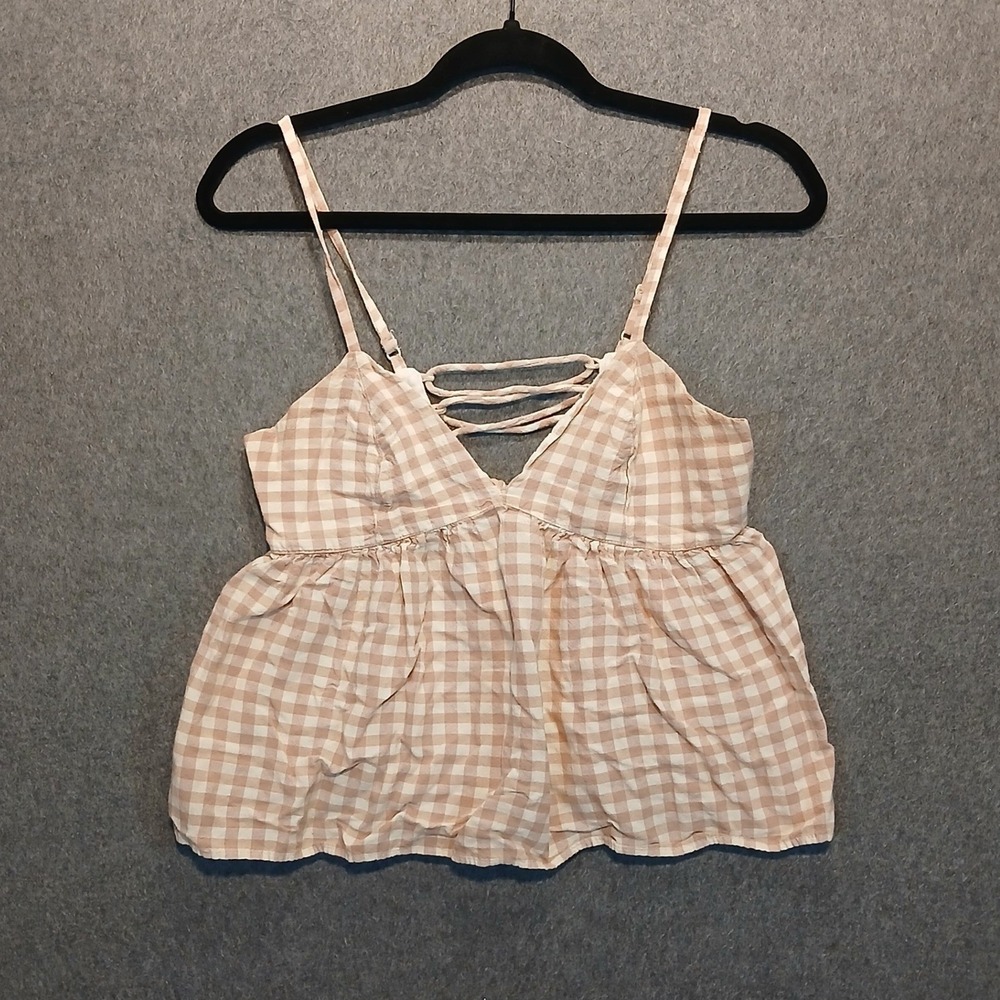 Urban Outfitters size small tan gingham crop lace up back peasant boho hippie